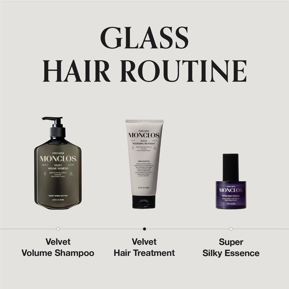 MONCLOS Velvet Hair Treatment bottle on vanity suggesting a glossy finish