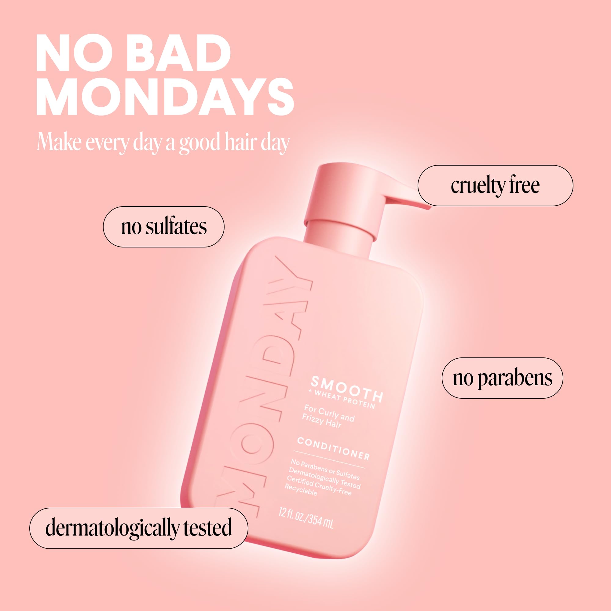 MONDAY SMOOTH bottle highlights Coconut Oil and Avocado Oil benefits.
