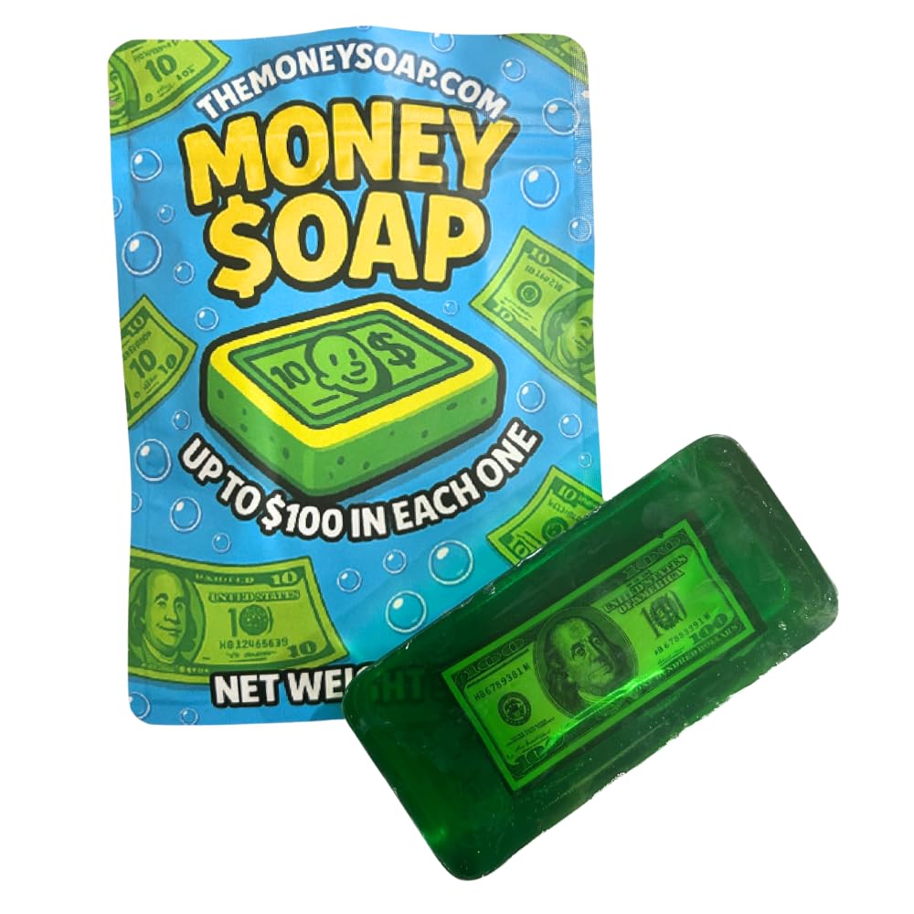 Money Soap Fruity Pear bar outer packaging with vibrant green square design for gifting.