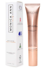 Monica Ann Beauty dual-action primer bottle close-up for a smoother foundation base.