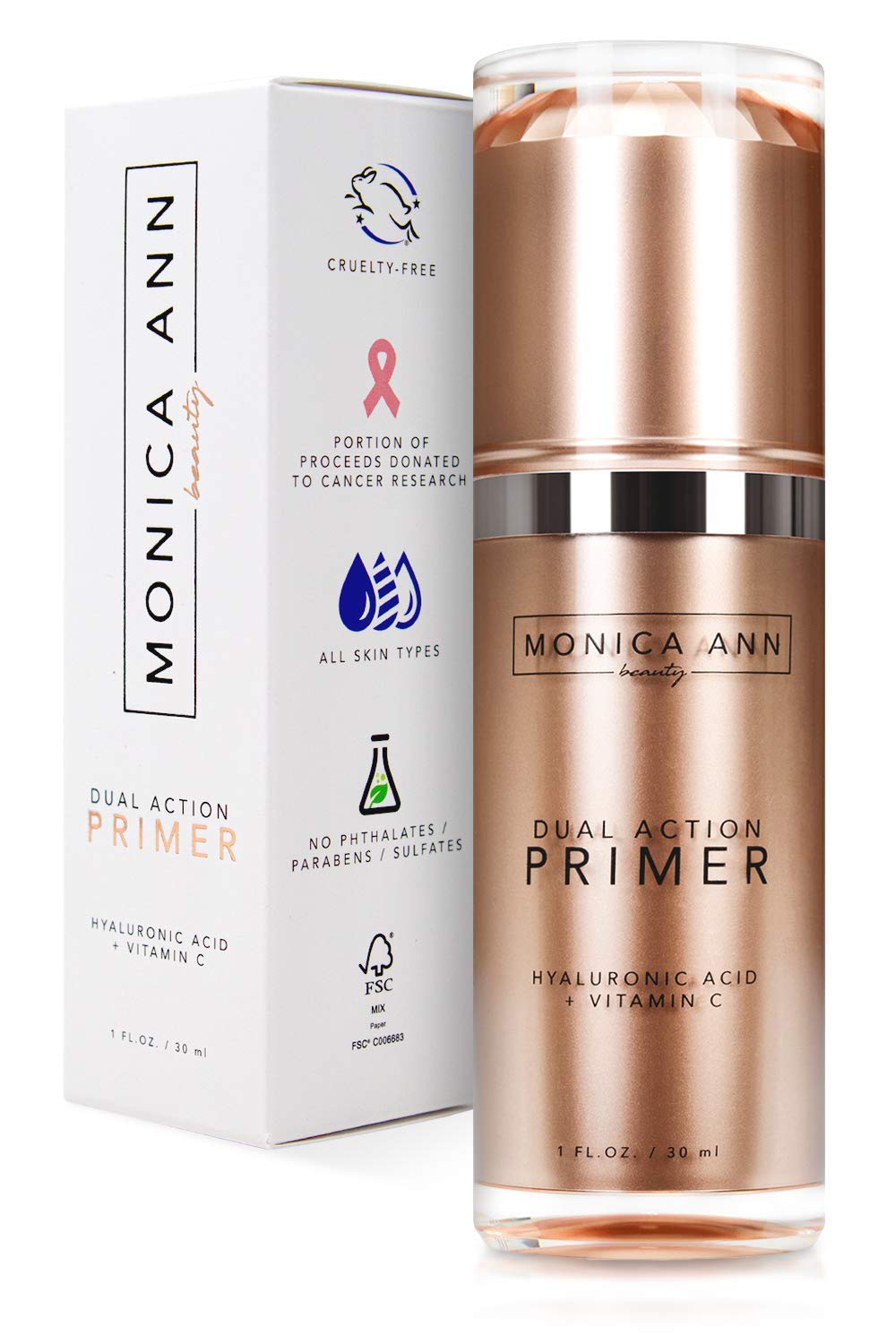 Monica Ann Beauty Dual-Action Primer bottle close-up highlighting hydrating base