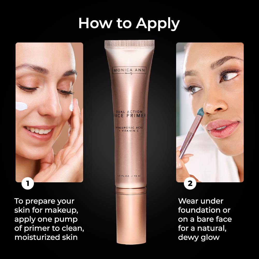 Monica Ann Beauty dual-action primer with vitamin C and hyaluronic acid ingredients.