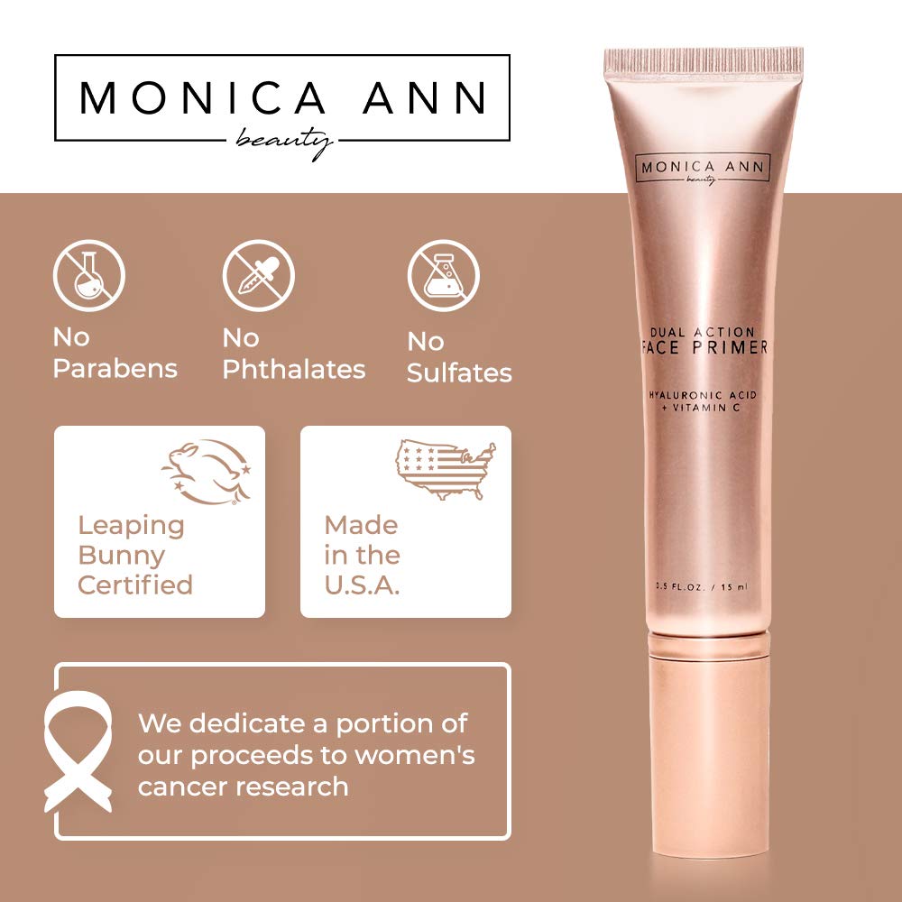 Monica Ann Beauty dual-action primer packaging highlights cruelty-free and USA-made messaging.