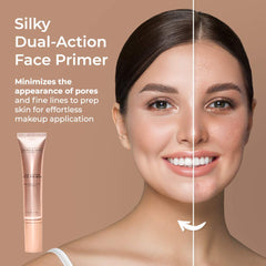 Monica Ann Beauty dual-action primer pump application showing long-lasting base.