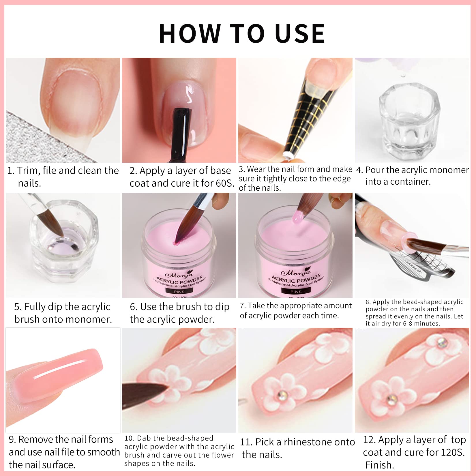 Monja clear acrylic powder highlights smooth base for French tips.