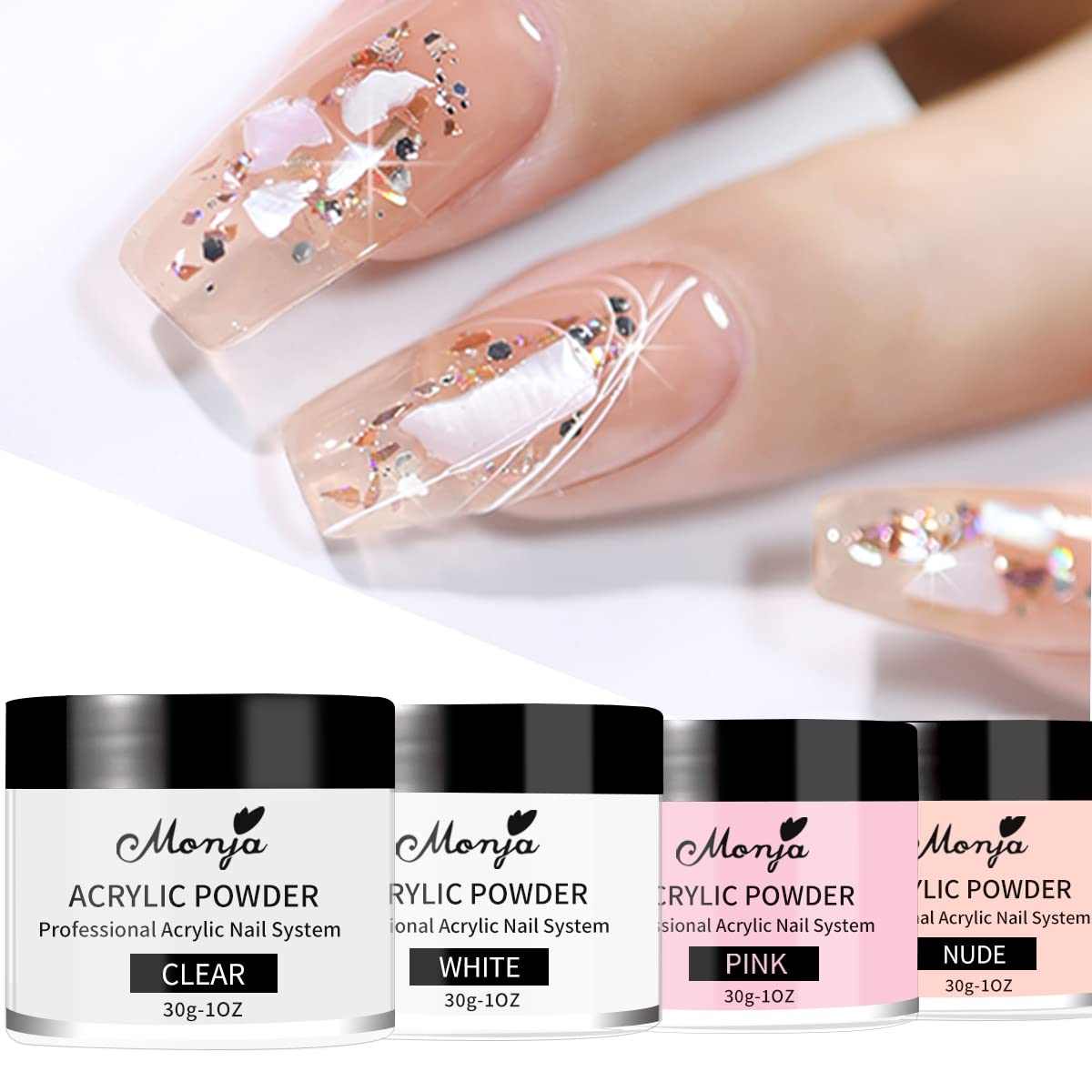 Monja nude powder for natural-looking nail extensions.