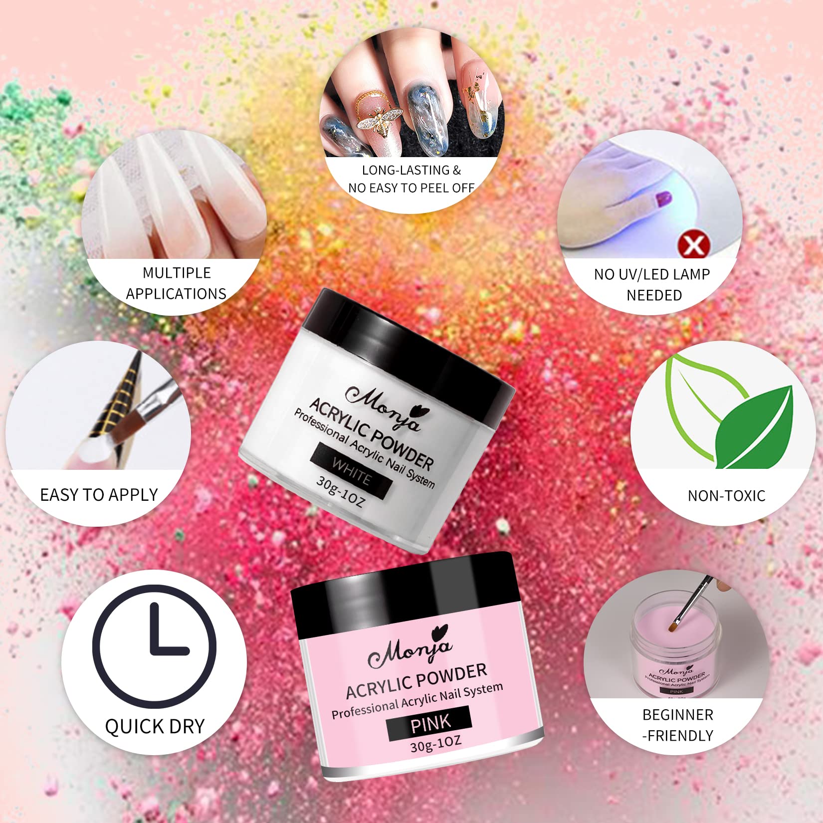 Monja white powder for crisp tips and bright designs.