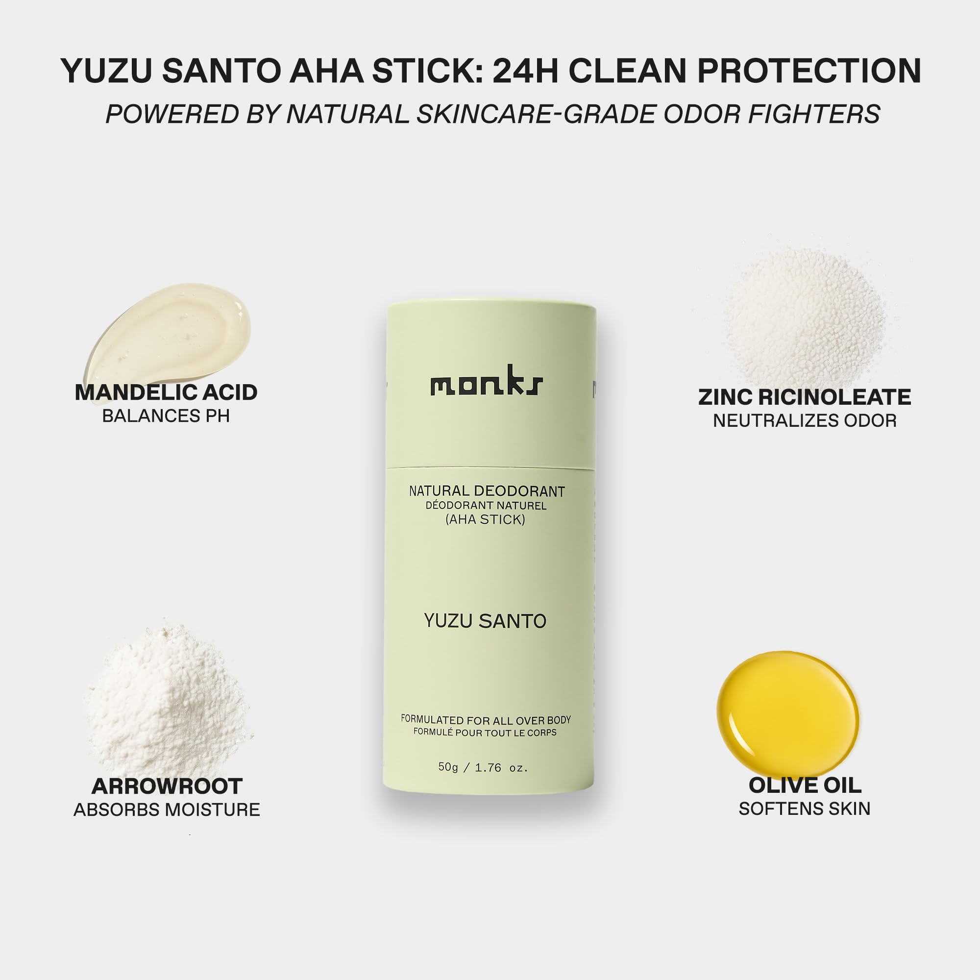 Monks Yuzu Santo deodorant stick close-up shows creamy texture