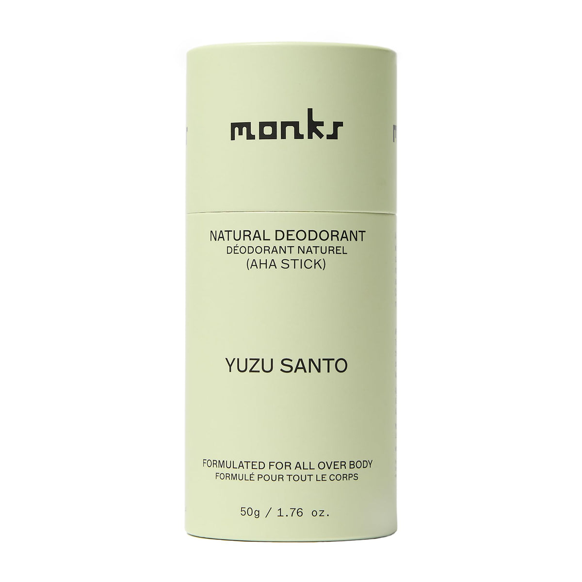 Monks Yuzu Santo deodorant packaging emphasizes eco-friendly design