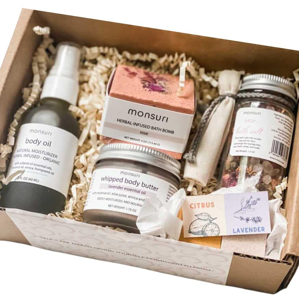 Monsuri self-care gift basket for mom in elegant packaging, perfect for gifting.