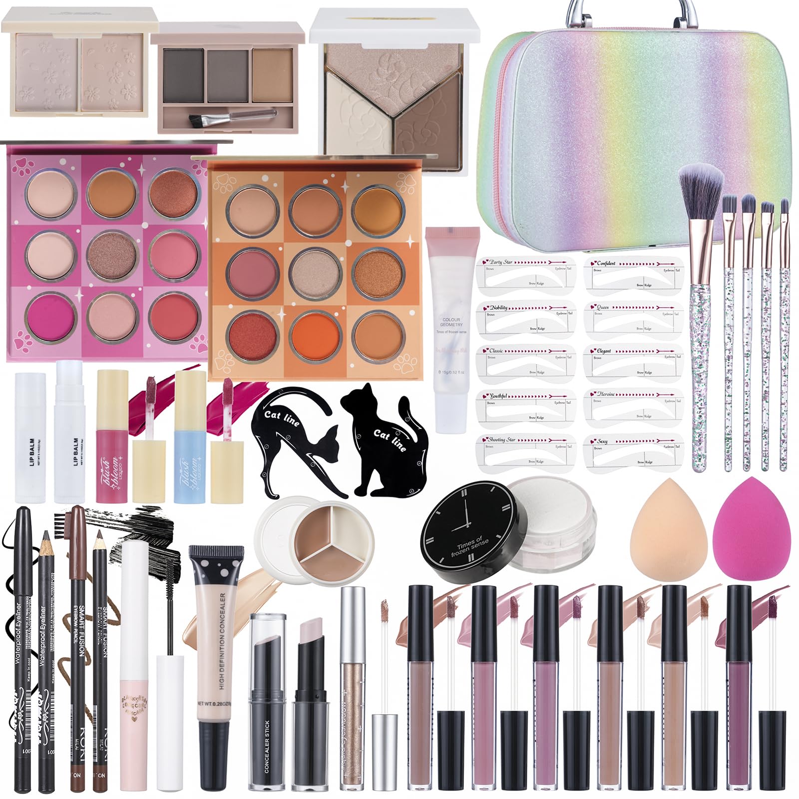 Moobirlet makeup kits for teens in a vibrant rainbow case for travel.