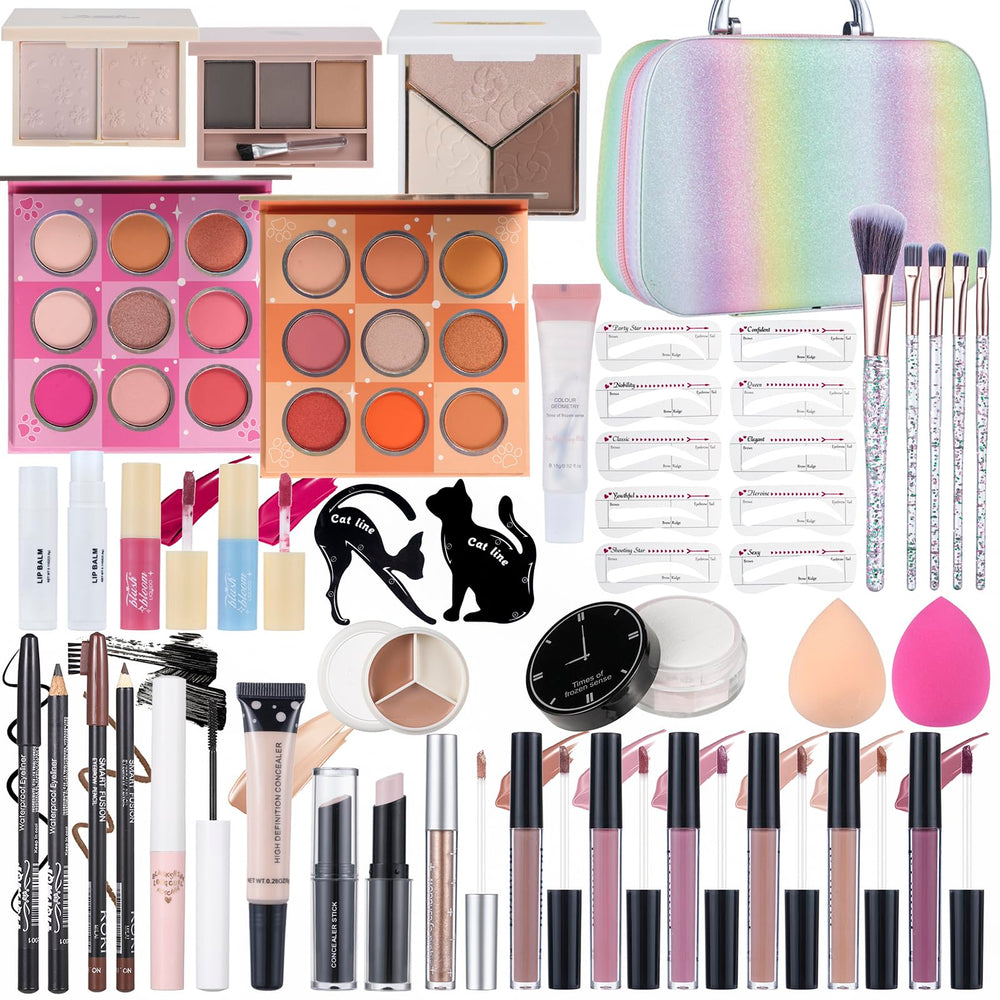 Moobirlet makeup kits for teens in a vibrant rainbow case for travel.
