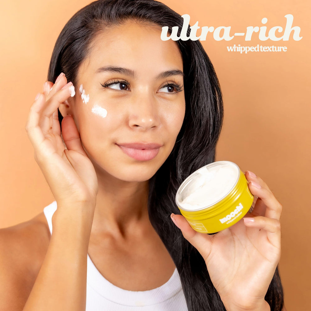 Moochi Alpine Honey Whipped Balm highlights luxurious texture for quick absorption.