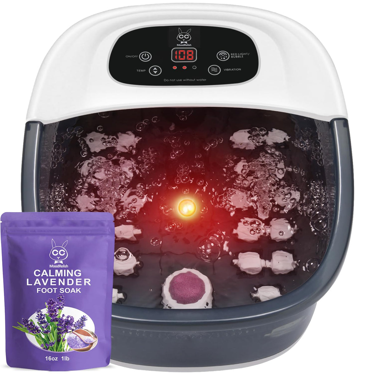 MoodRelish Foot Spa Heat Bubbles showing warming water for a soothing soak