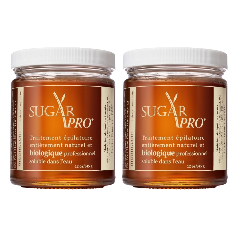 MOOM Sugar Pro tub close-up showing 12 oz organic sugar wax for gentle salon quality results at home