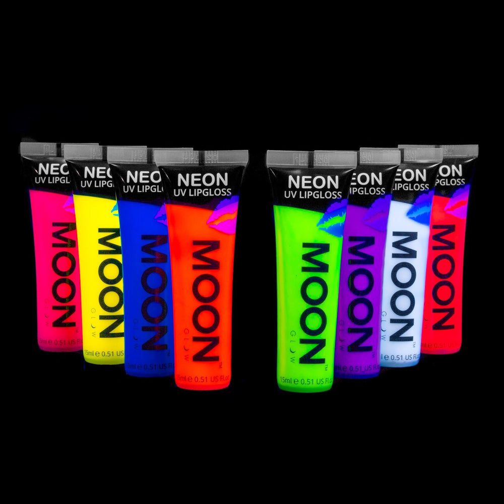 Moon Glow orange tangerine lip gloss glows under UV light for bold visibility