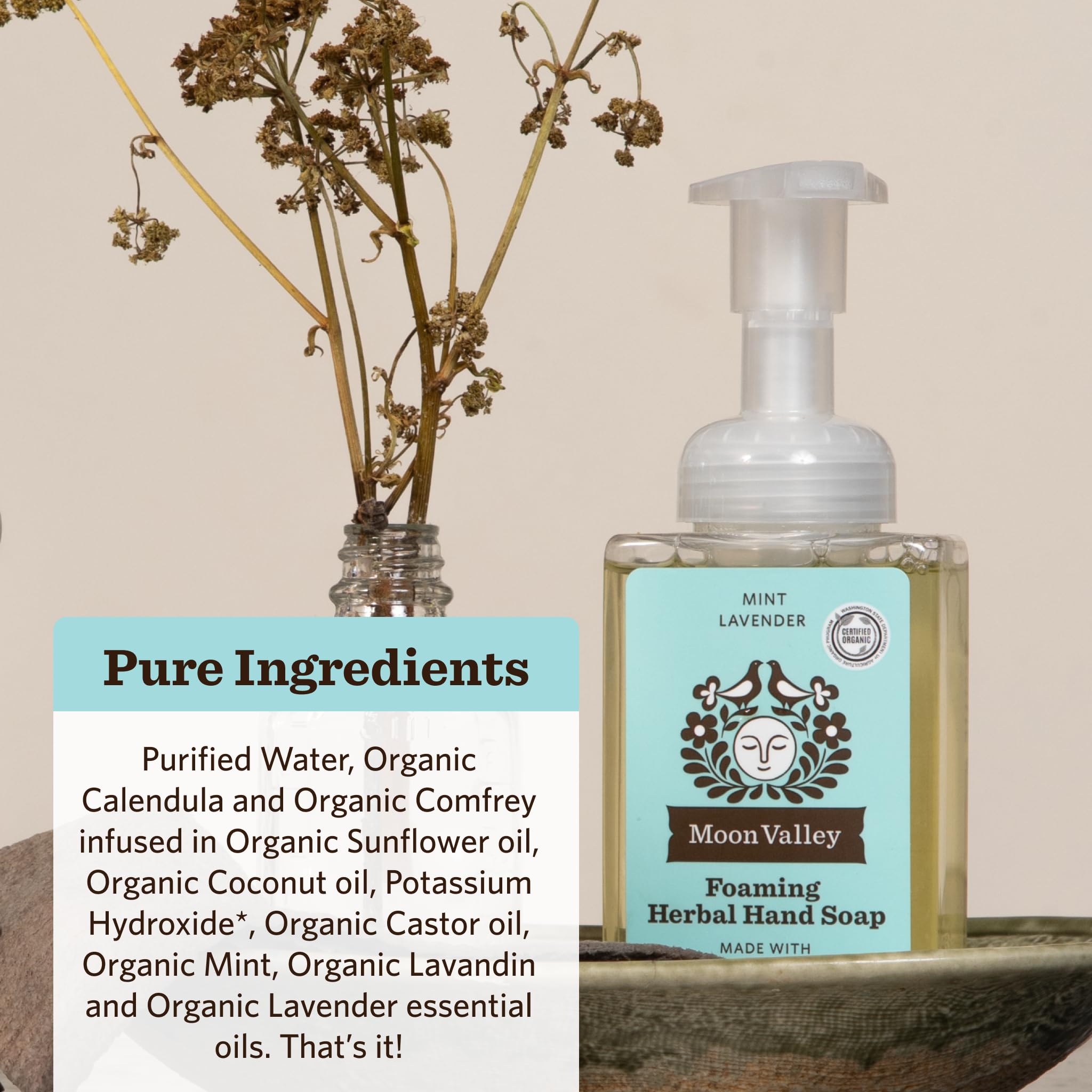 Moon Valley Herbal Foaming Hand Soap lather close-up, highlighting gentle cleansing.