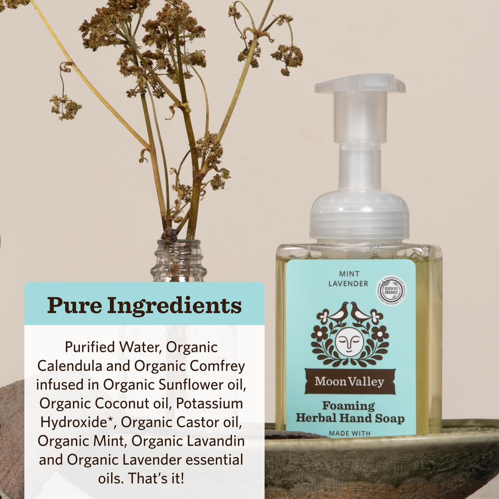 Moon Valley Herbal Foaming Hand Soap lather close-up, highlighting gentle cleansing.