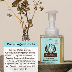 Moon Valley Herbal Foaming Hand Soap lather close-up, highlighting gentle cleansing.
