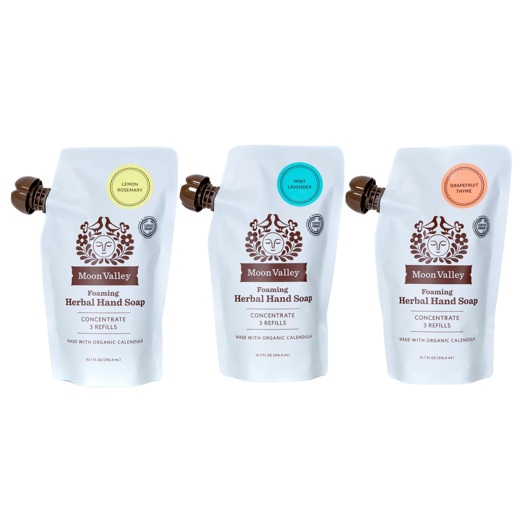 Moon Valley Organics lemon rosemary refill pouch for foaming soap, reduces plastic waste.