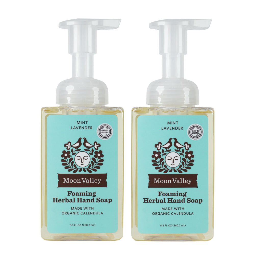 Moon Valley Herbal Foaming Hand Soap Mint Lavender bottle front view for fresh, gentle hand cleansing.