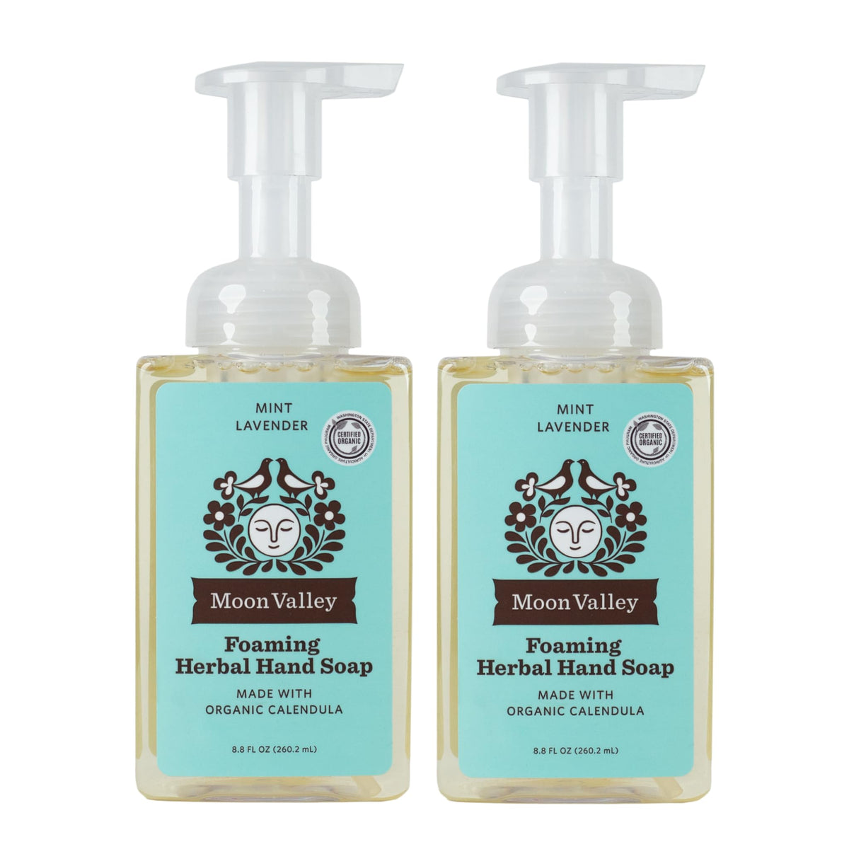 Moon Valley Herbal Foaming Hand Soap Mint Lavender bottle front view for fresh, gentle hand cleansing.