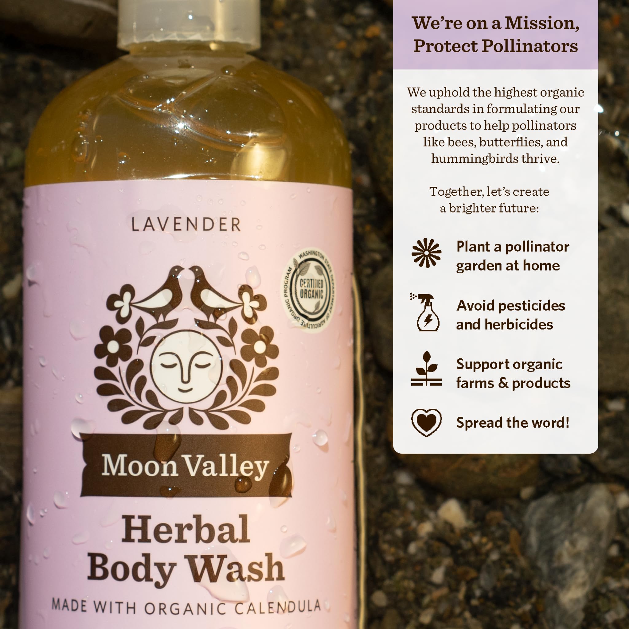 Moon Valley Organics recyclable bottle emphasizes sustainability.