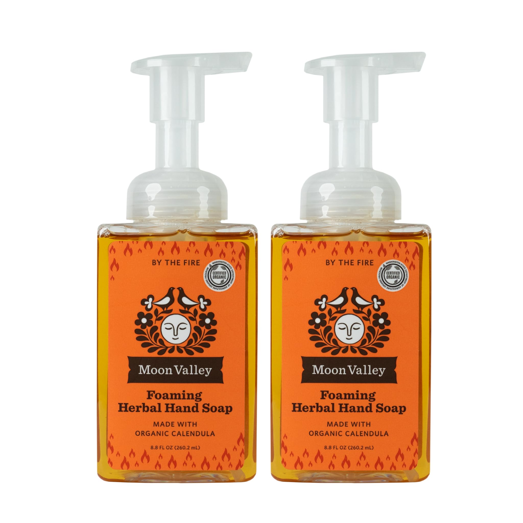 Moon Valley Organics By the Fire foaming hand soap bottle front showing seasonal scent