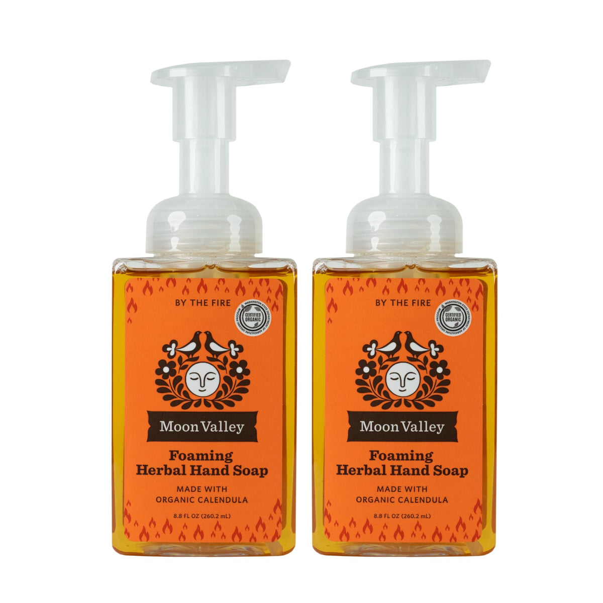 Moon Valley Organics By the Fire foaming hand soap bottle front showing seasonal scent
