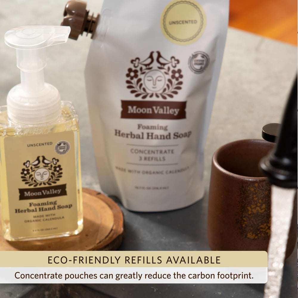 Moon Valley Organics calendula and comfrey ingredients image highlights natural formulation.