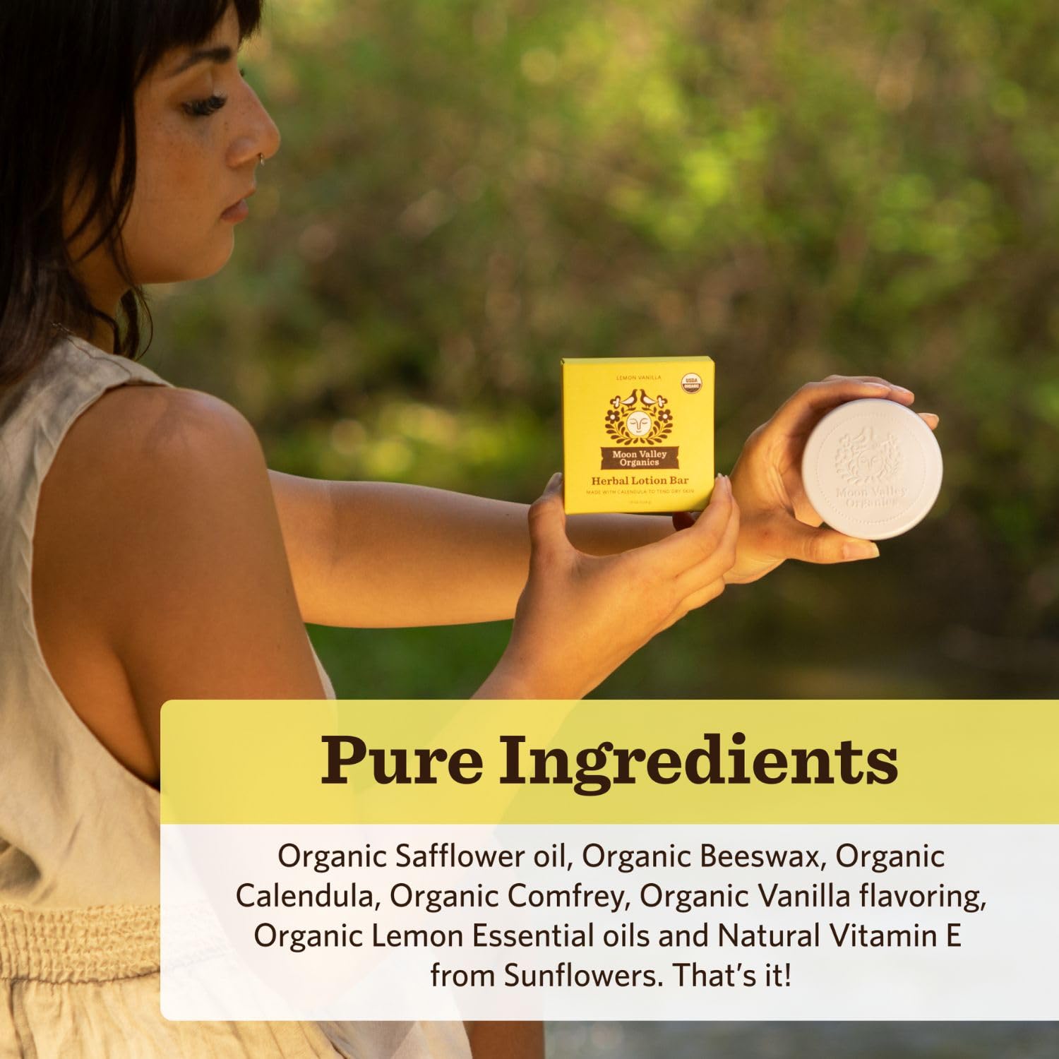 Moon Valley Organics calendula-comfrey ointment bar soothes dry areas.