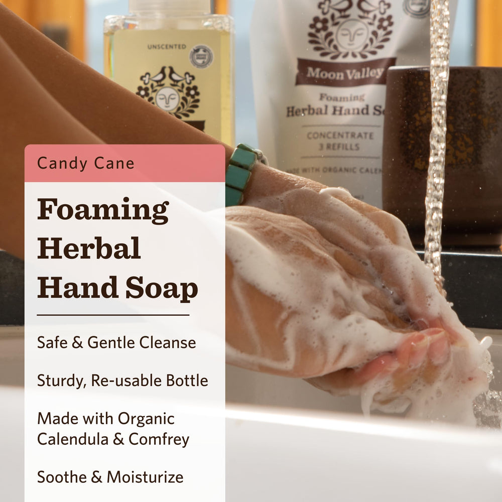 Moon Valley Organics Candy Cane foaming soap close-up shows rich lather and fresh scent.