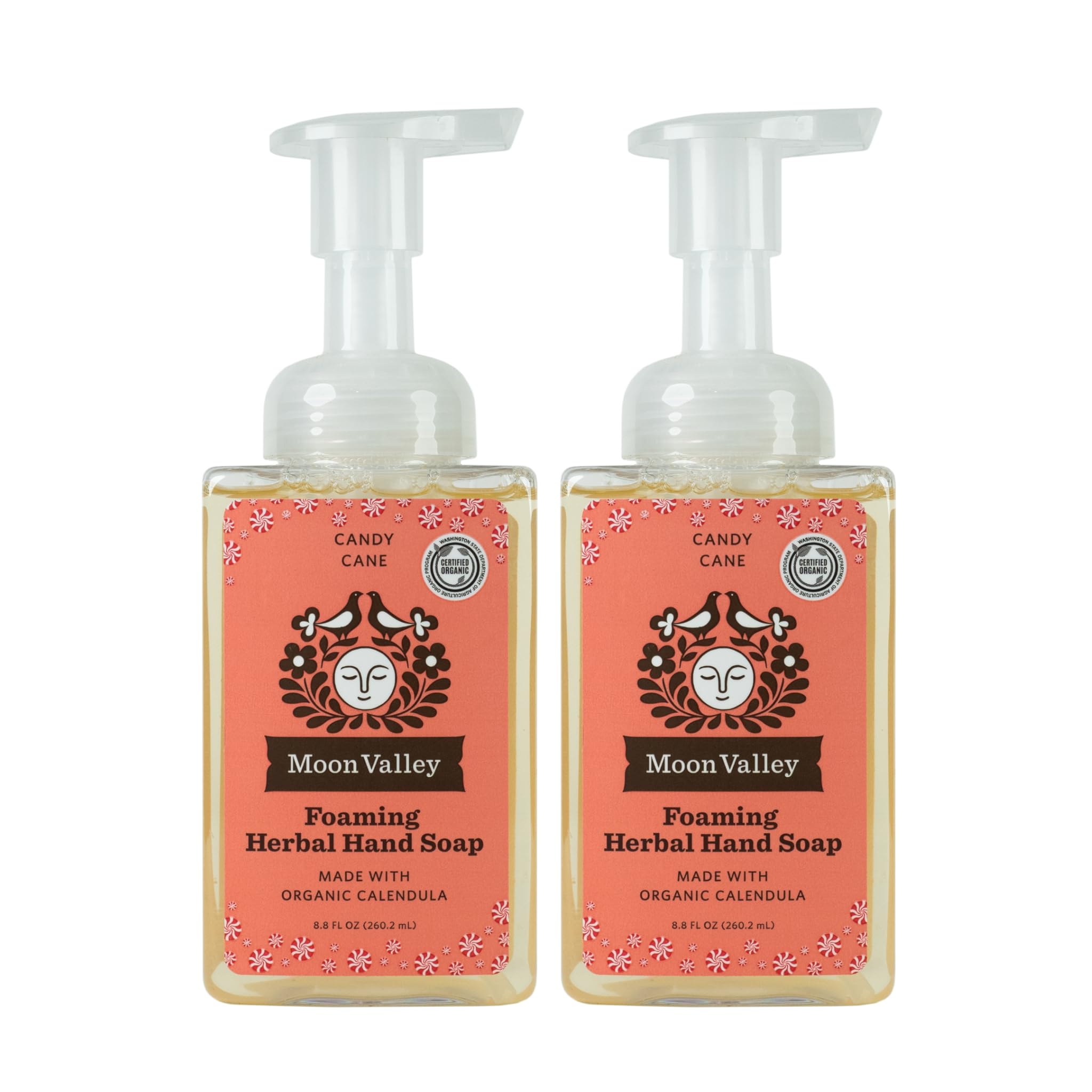 Moon Valley Organics Candy Cane foaming hand soap two-pack bottle, recyclable and gentle on skin.
