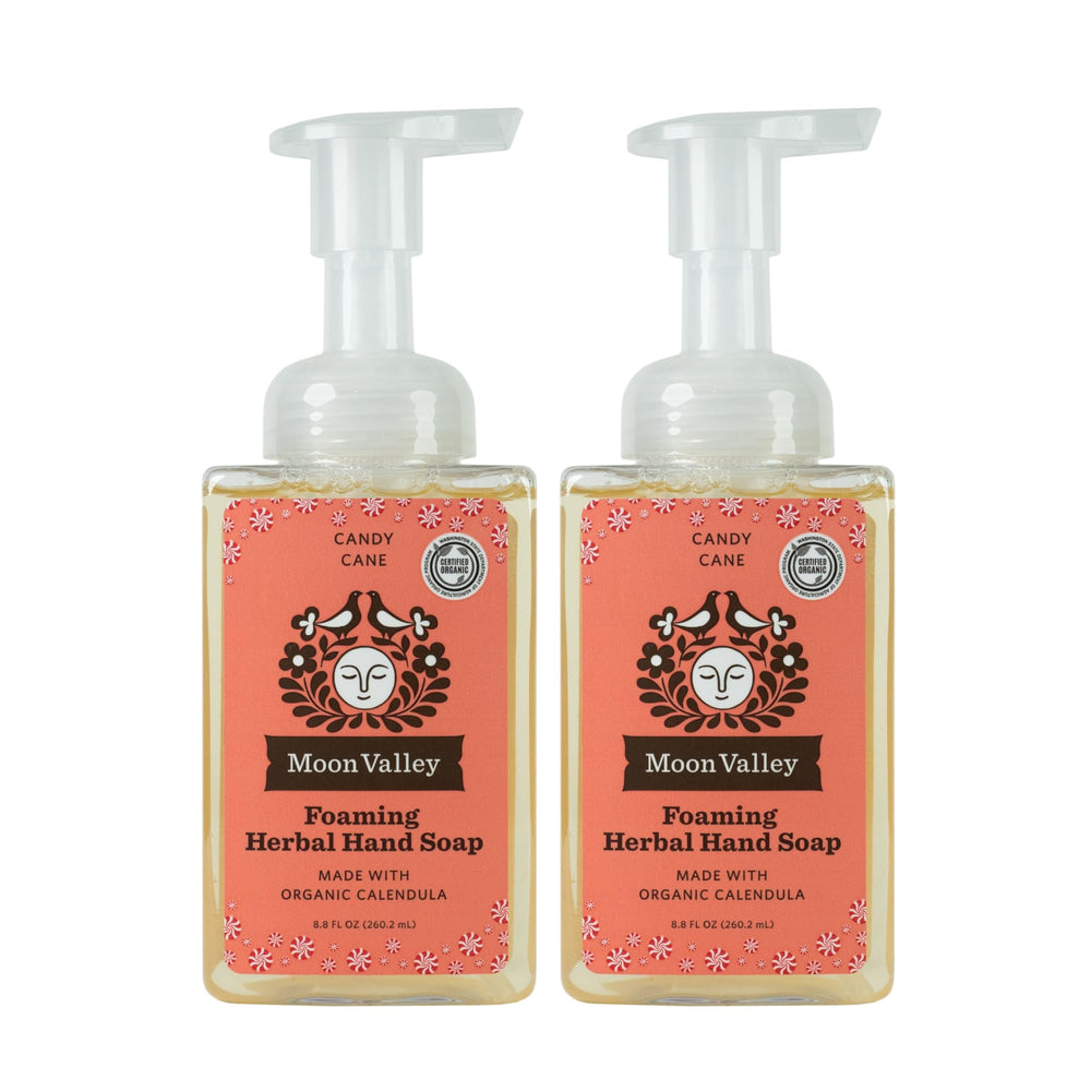 Moon Valley Organics Candy Cane foaming hand soap two-pack bottle, recyclable and gentle on skin.