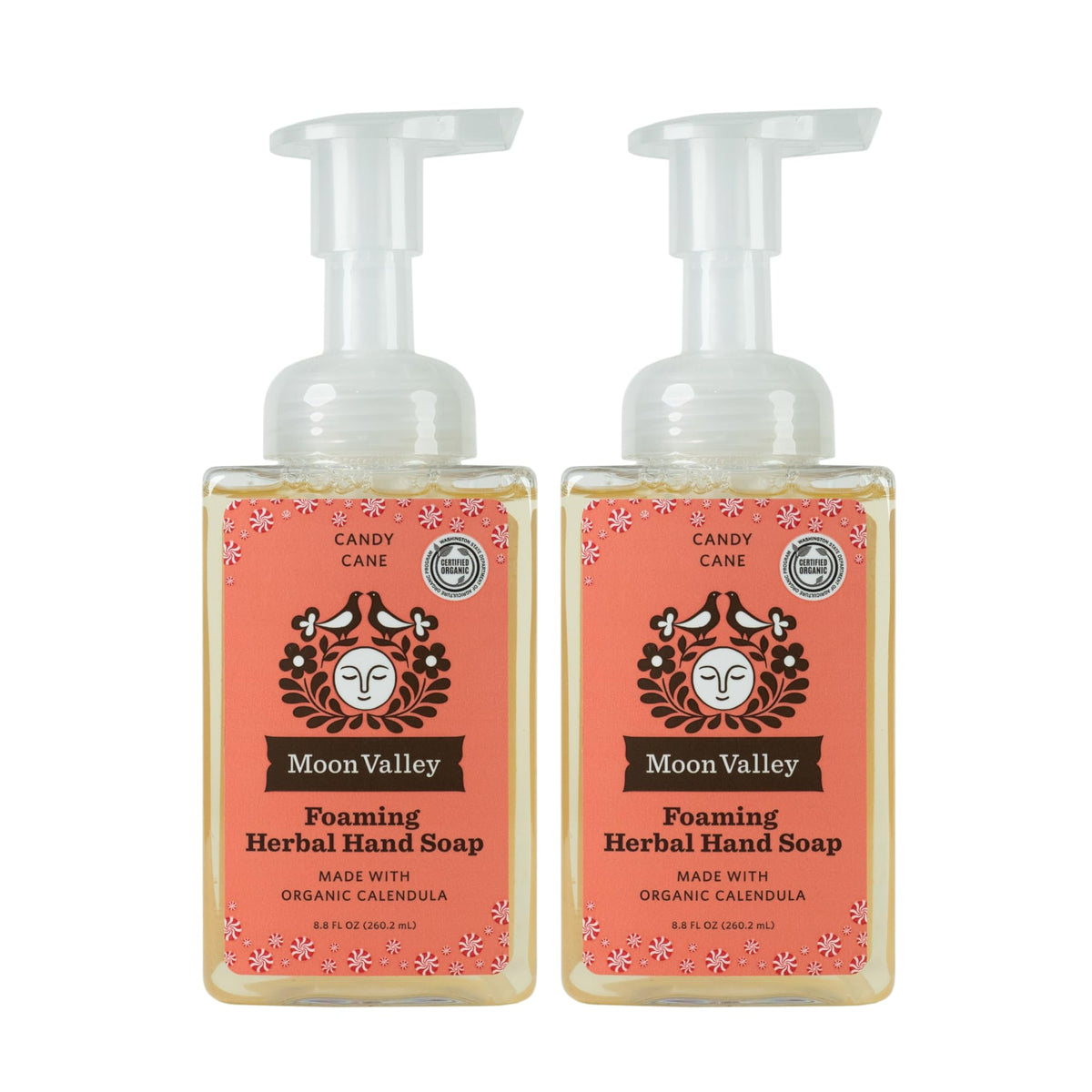 Moon Valley Organics Candy Cane foaming hand soap two-pack bottle, recyclable and gentle on skin.