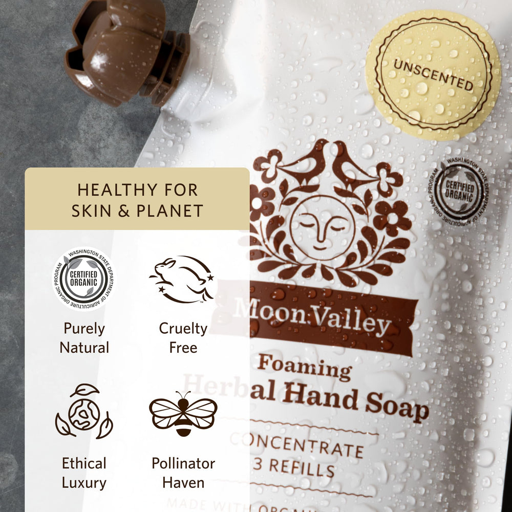 Moon Valley Organics refill packaging reduces plastic waste and supports reuse.