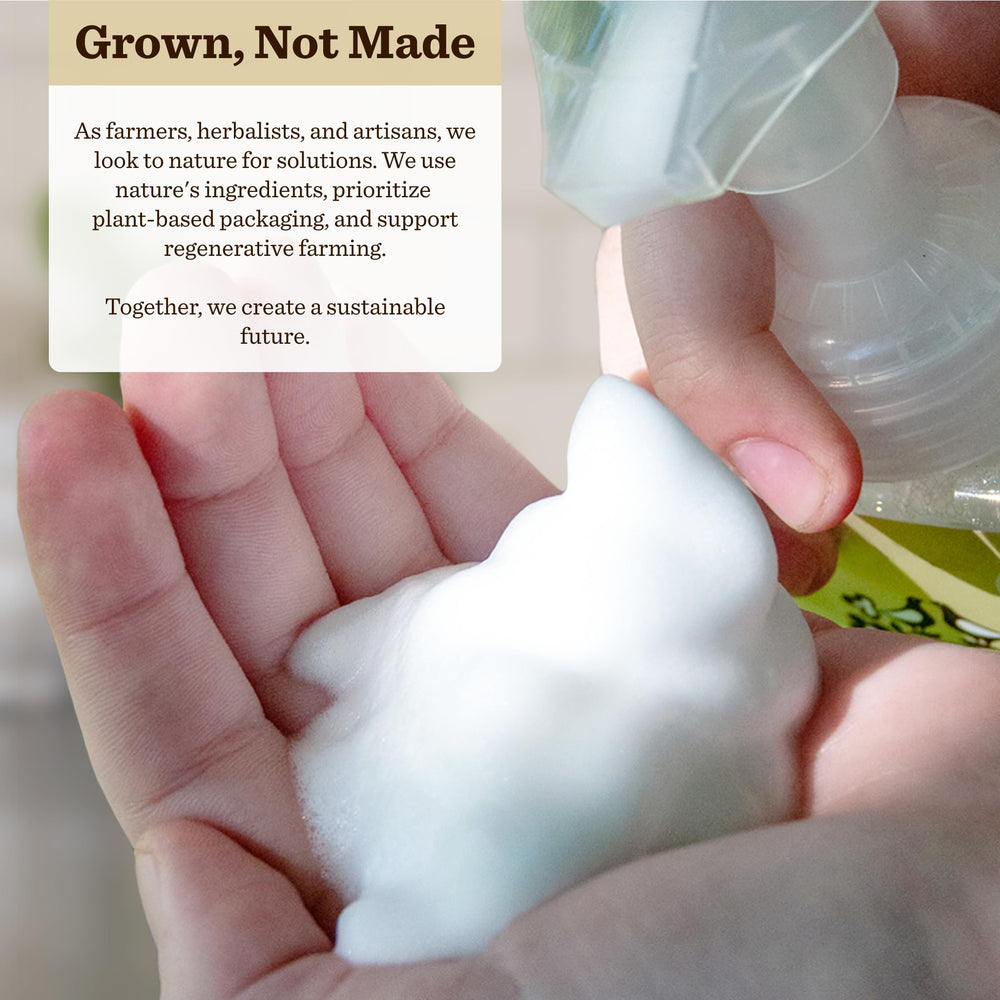 Moon Valley Organics Grapefruit Thyme foaming hand soap bottle presenting a refreshing scent for quick washes.