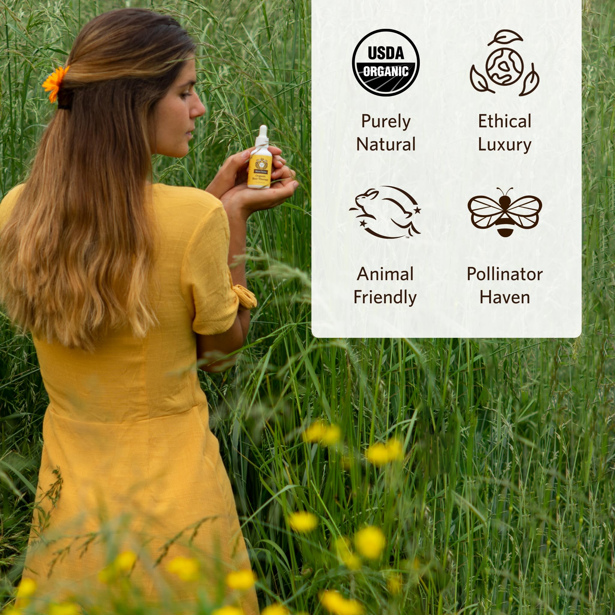 Hair shine and health shown by Moon Valley Organics Hair Therapy.