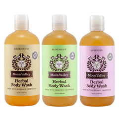 Moon Valley Organics Lavender Body Wash bottle with calming essential oils for daily cleansing.