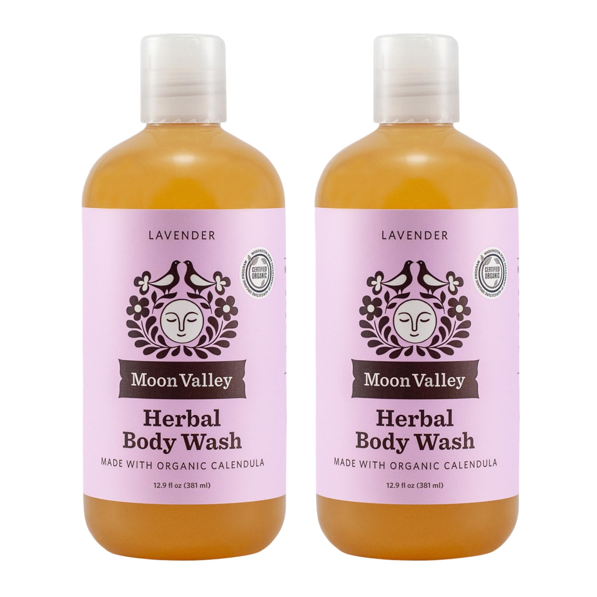 Moon Valley Organics Lavender Herbal Body Wash bottle with all-natural ingredients.
