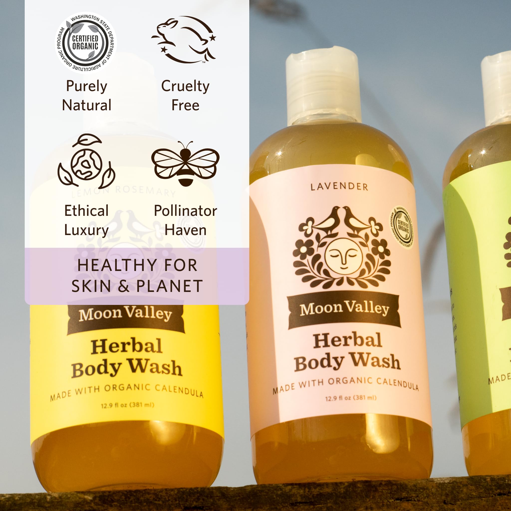 Moon Valley Organics lavender scent foam indicating a soothing shower.