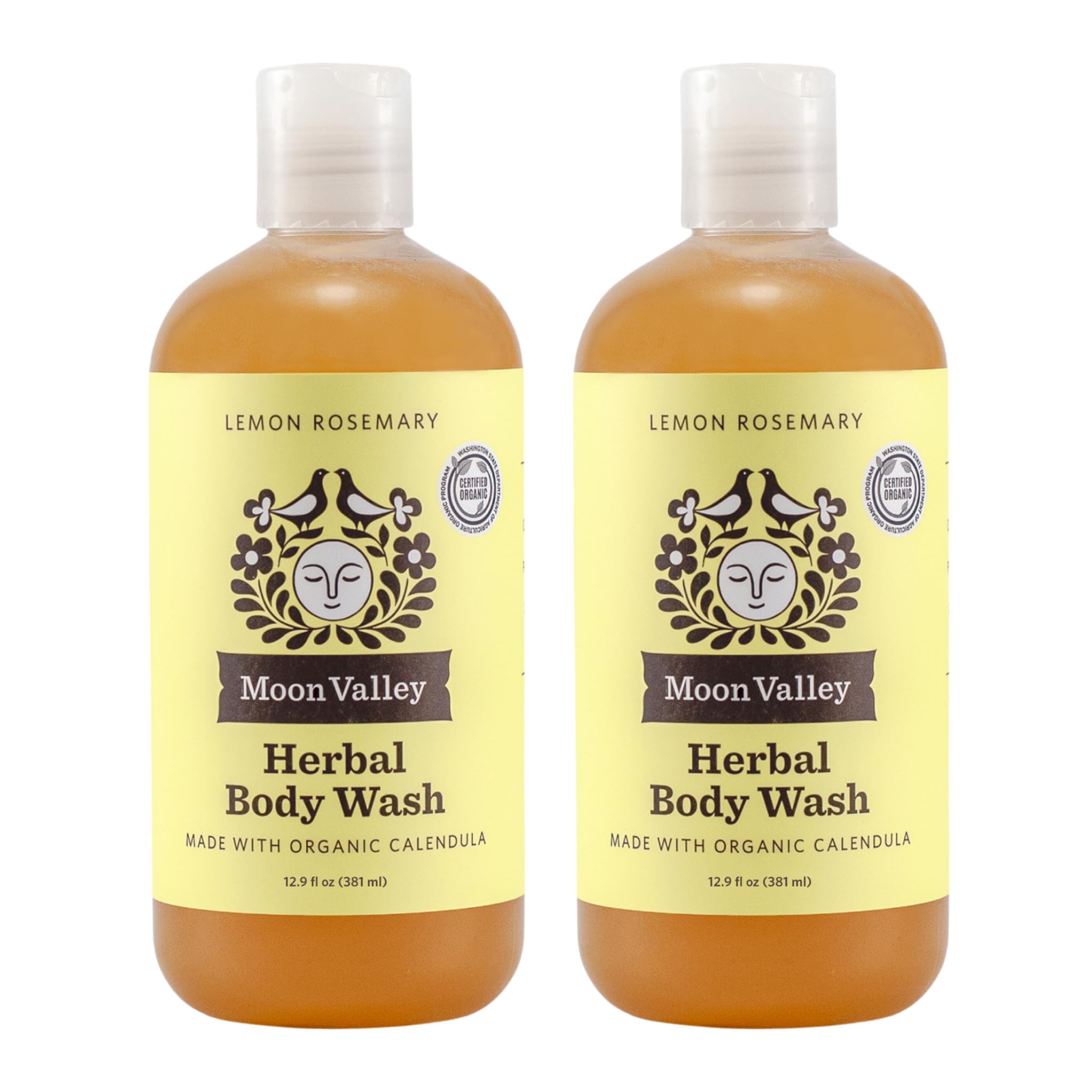 Moon Valley Organics Lemon Rosemary Herbal Body Wash two-pack bottle for everyday cleansing.