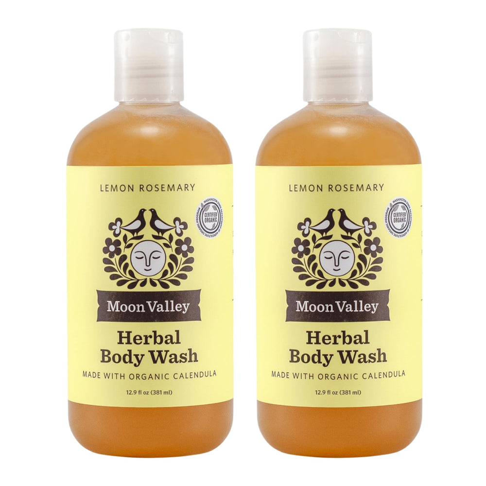 Moon Valley Organics Lemon Rosemary Herbal Body Wash two-pack bottle for everyday cleansing.