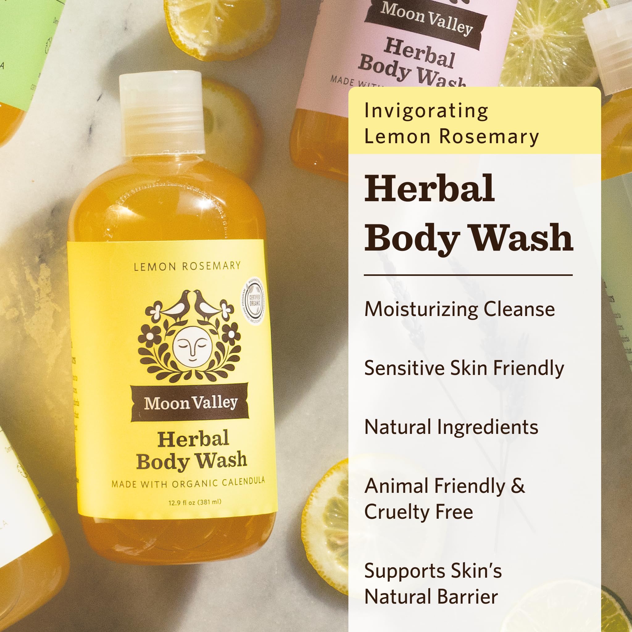Close-up of Moon Valley Organics Lemon Rosemary Herbal Body Wash bottle with natural ingredients.