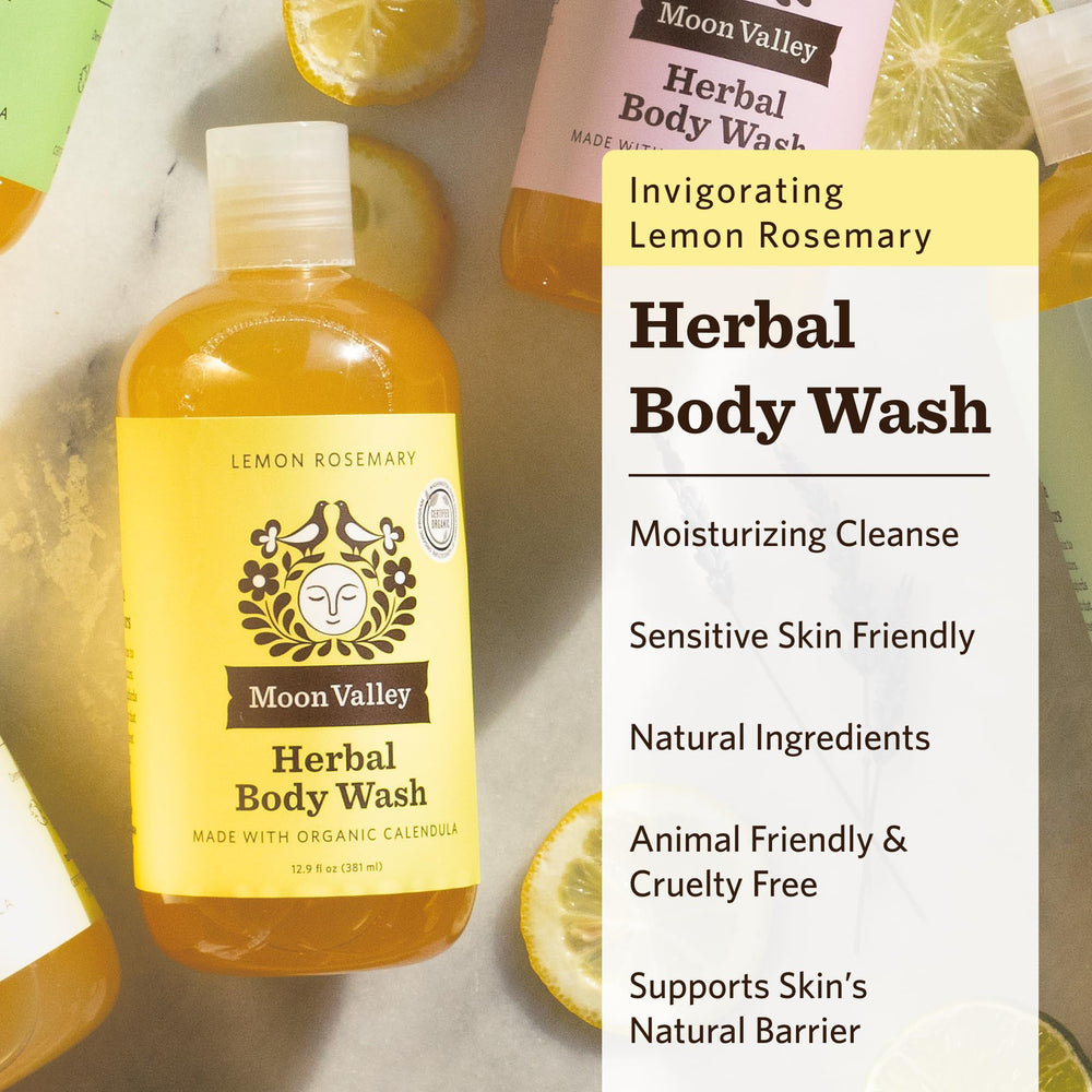 Close-up of Moon Valley Organics Lemon Rosemary Herbal Body Wash bottle with natural ingredients.