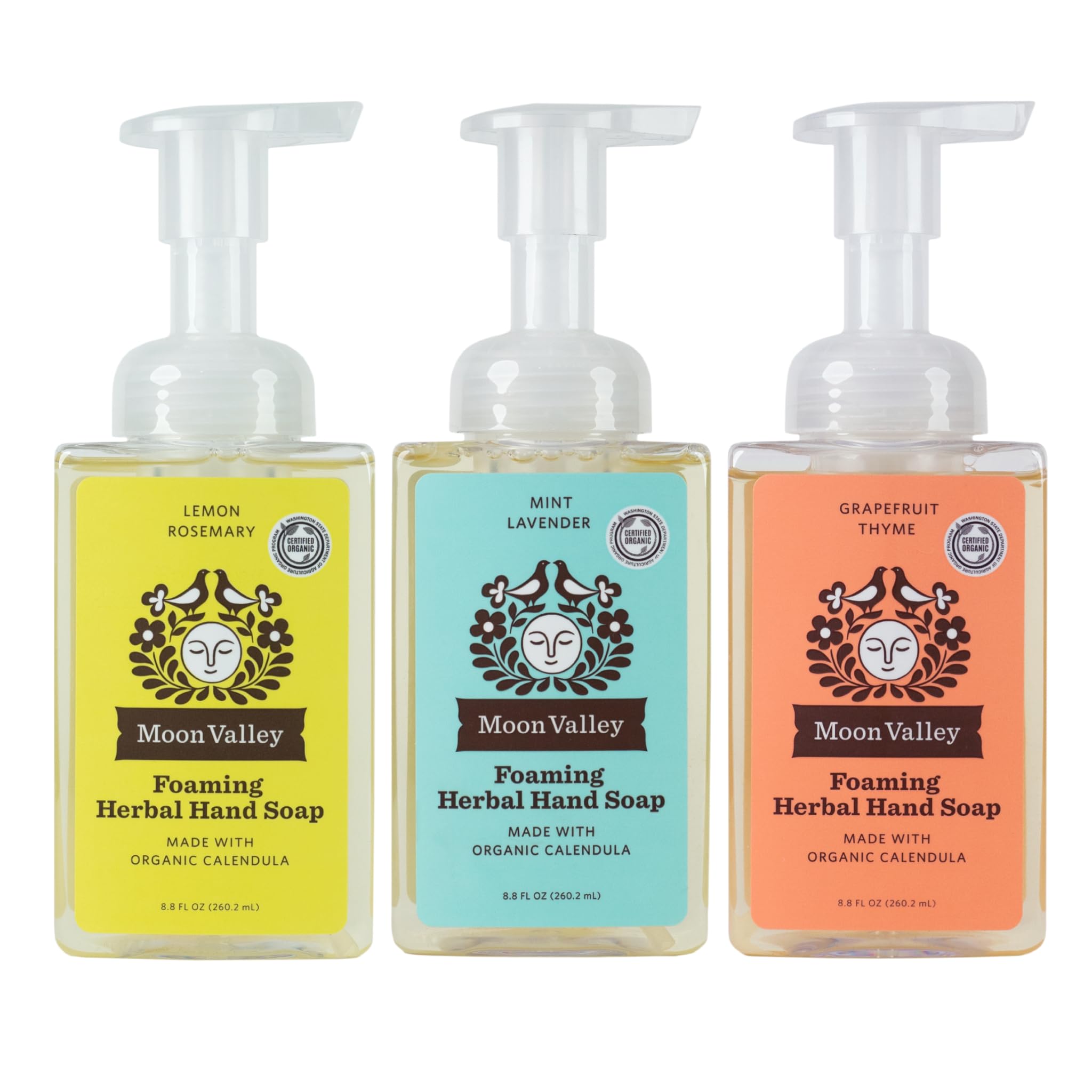 Moon Valley Organics Lemon Rosemary foaming hand soap bottle shows bright citrus and herbal notes for daily cleansing.