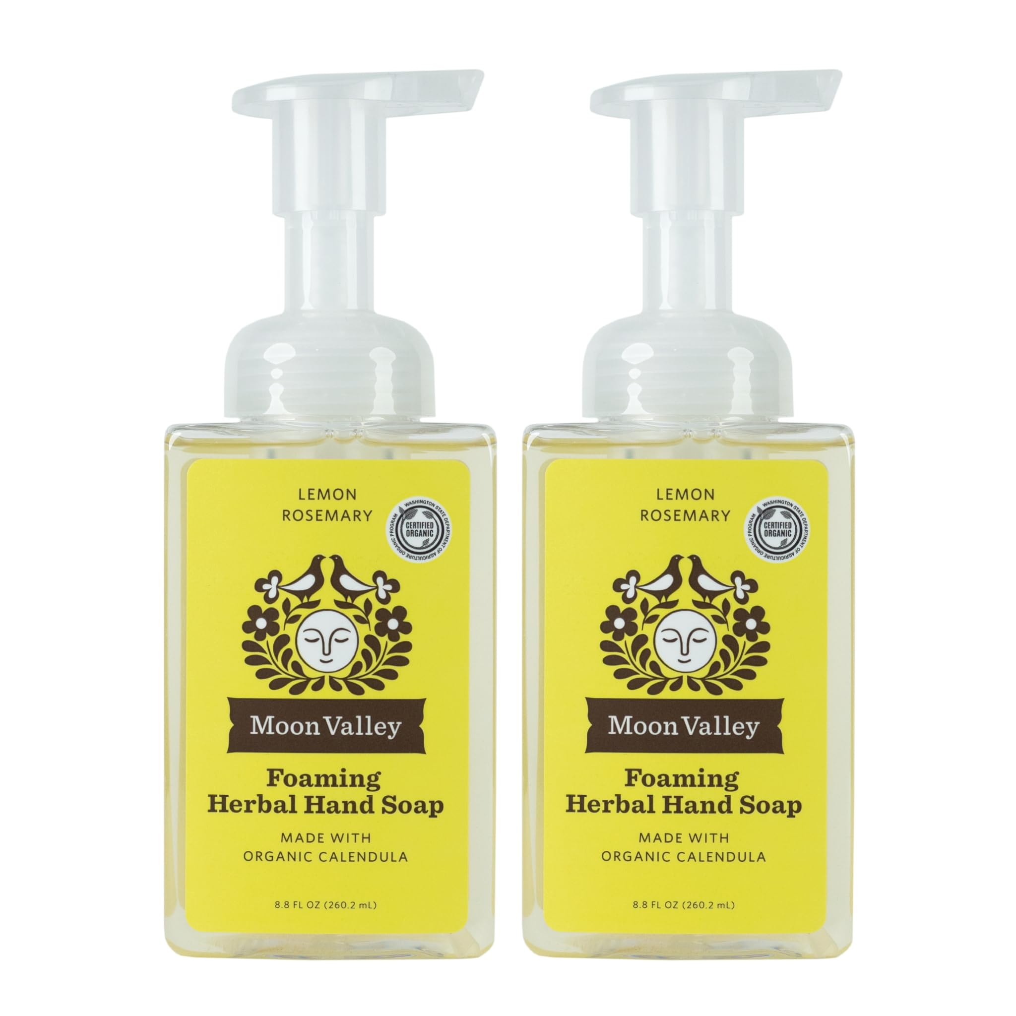 Moon Valley Organics Lemon Rosemary foaming hand soap bottles with refreshing fragrance and gentle cleansing.