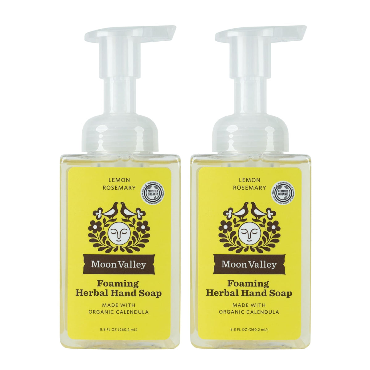 Moon Valley Organics Lemon Rosemary foaming hand soap bottles with refreshing fragrance and gentle cleansing.