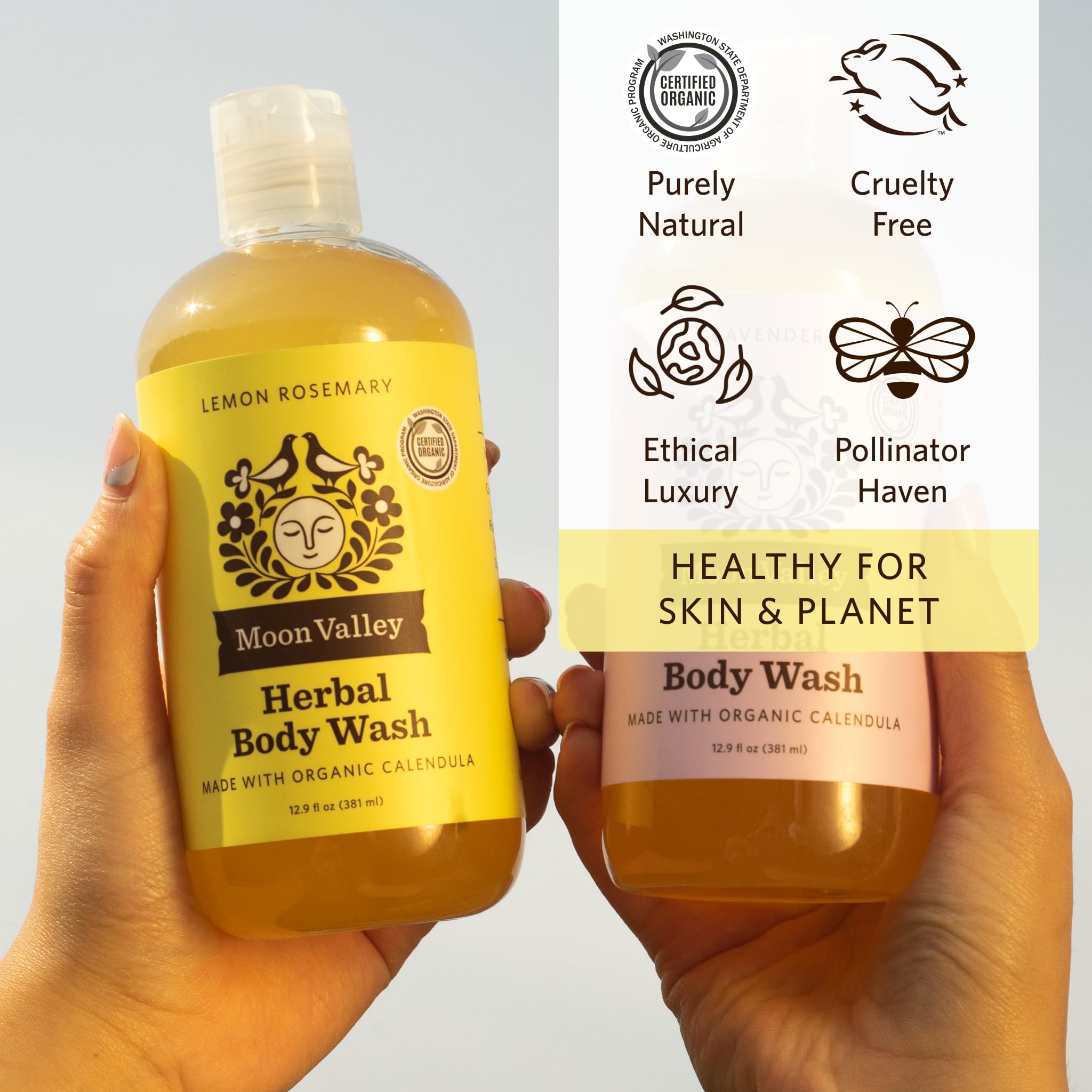 Moon Valley Organics Lemon Rosemary Herbal Body Wash fragrance highlights lemon and rosemary notes.