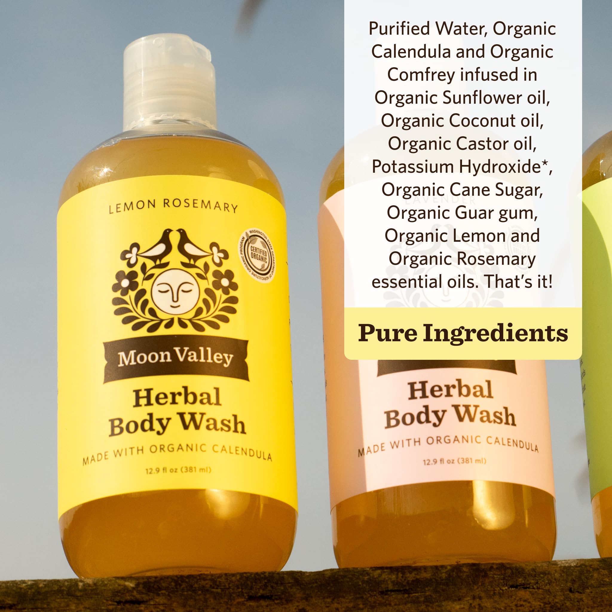 Moon Valley Organics Lemon Rosemary Herbal Body Wash ingredients list shown.